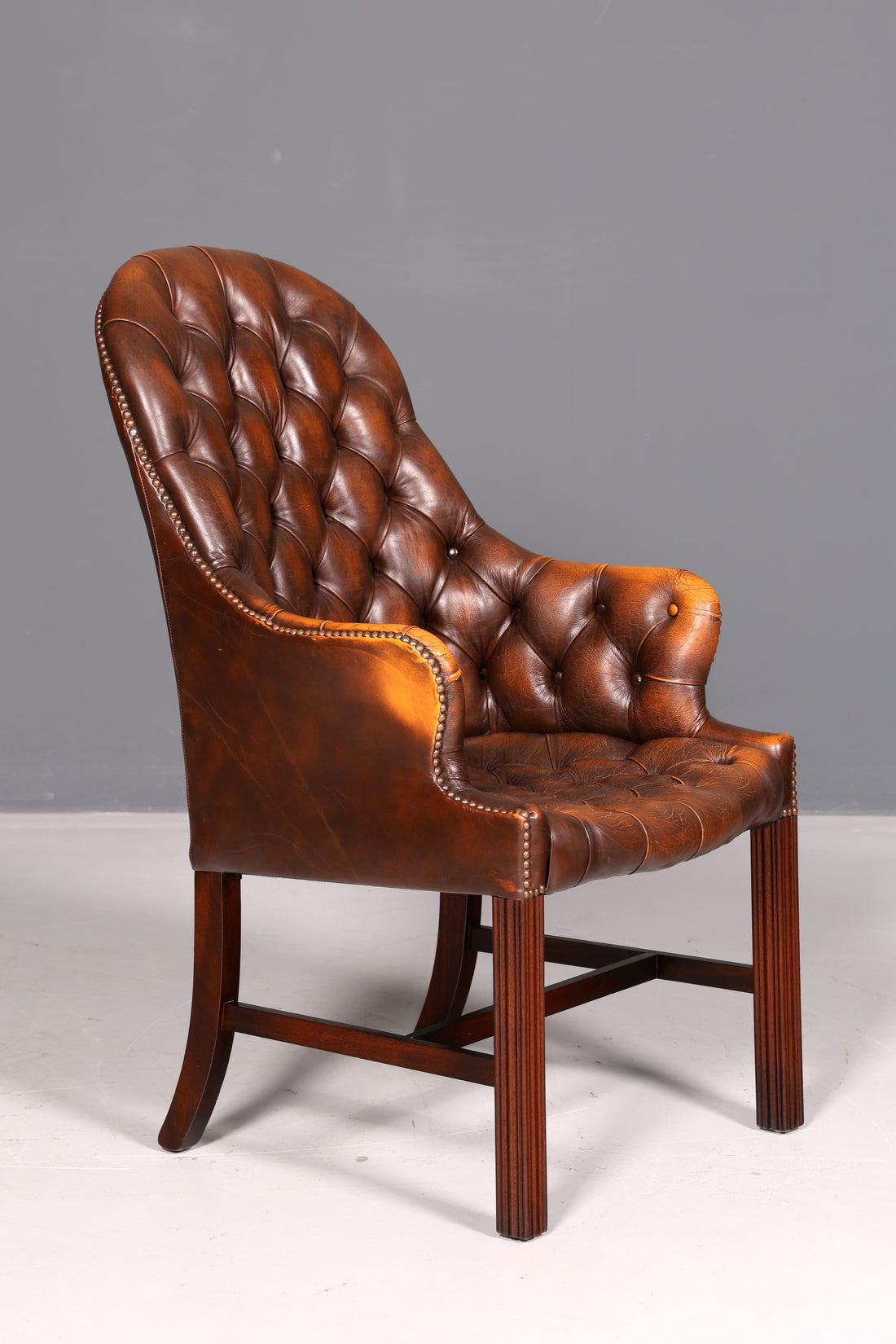 Beautiful Original Chesterfield Armchair Brown Genuine Leather English Gentleman’s Armchair Desk Chair Office Chair Secretary Chair Antique Vintage