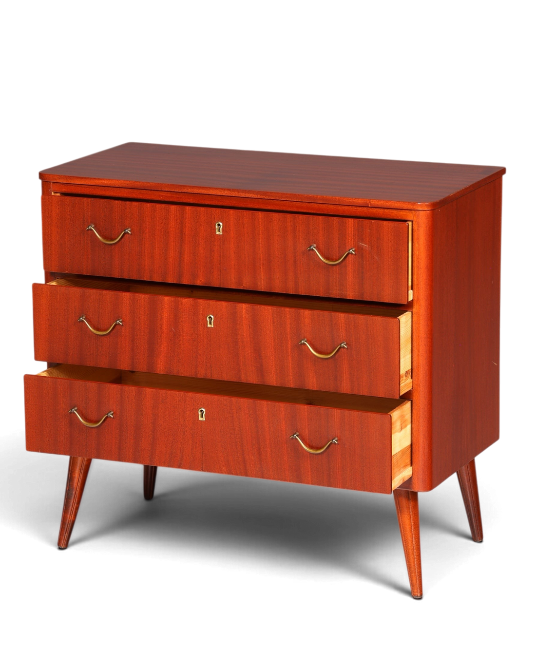 Hauptstadt Möblerei Mid Century Kommode aus massivem Holz mit drei Schubladen und konischen Beinen im 60er Jahre Stil