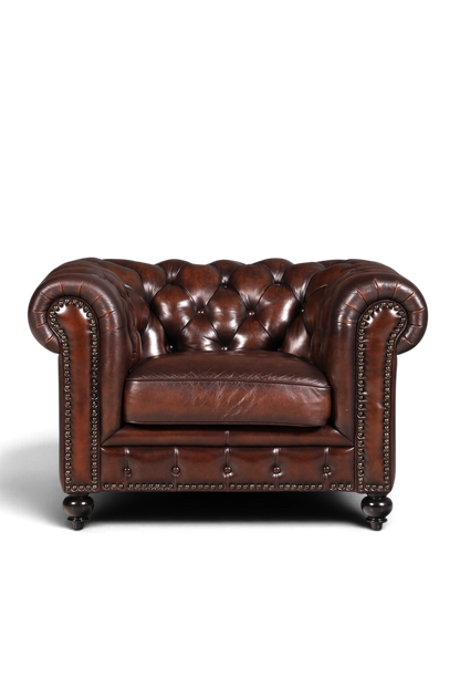 Hauptstadt Möblerei Original Chesterfield Ledersessel in Dunkelbraun mit klassischer Knopfheftung und Nieten