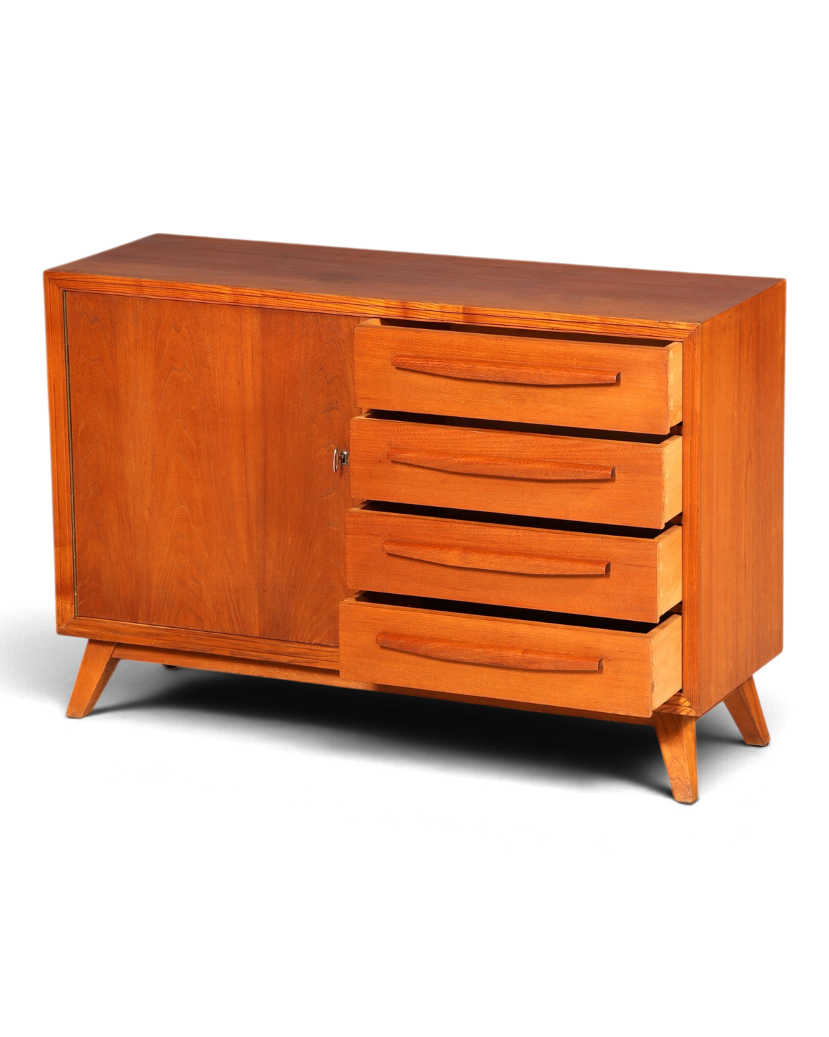 Hauptstadt Möblerei Mid Century Sideboard aus Echtholz mit vier Schubladen und Schrankfach im Vintage-Stil