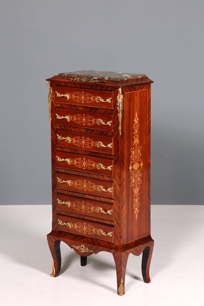 Wunderschönes Barock Stil Louis XV Highboard Marmor Vertiko Intarsien Kommode