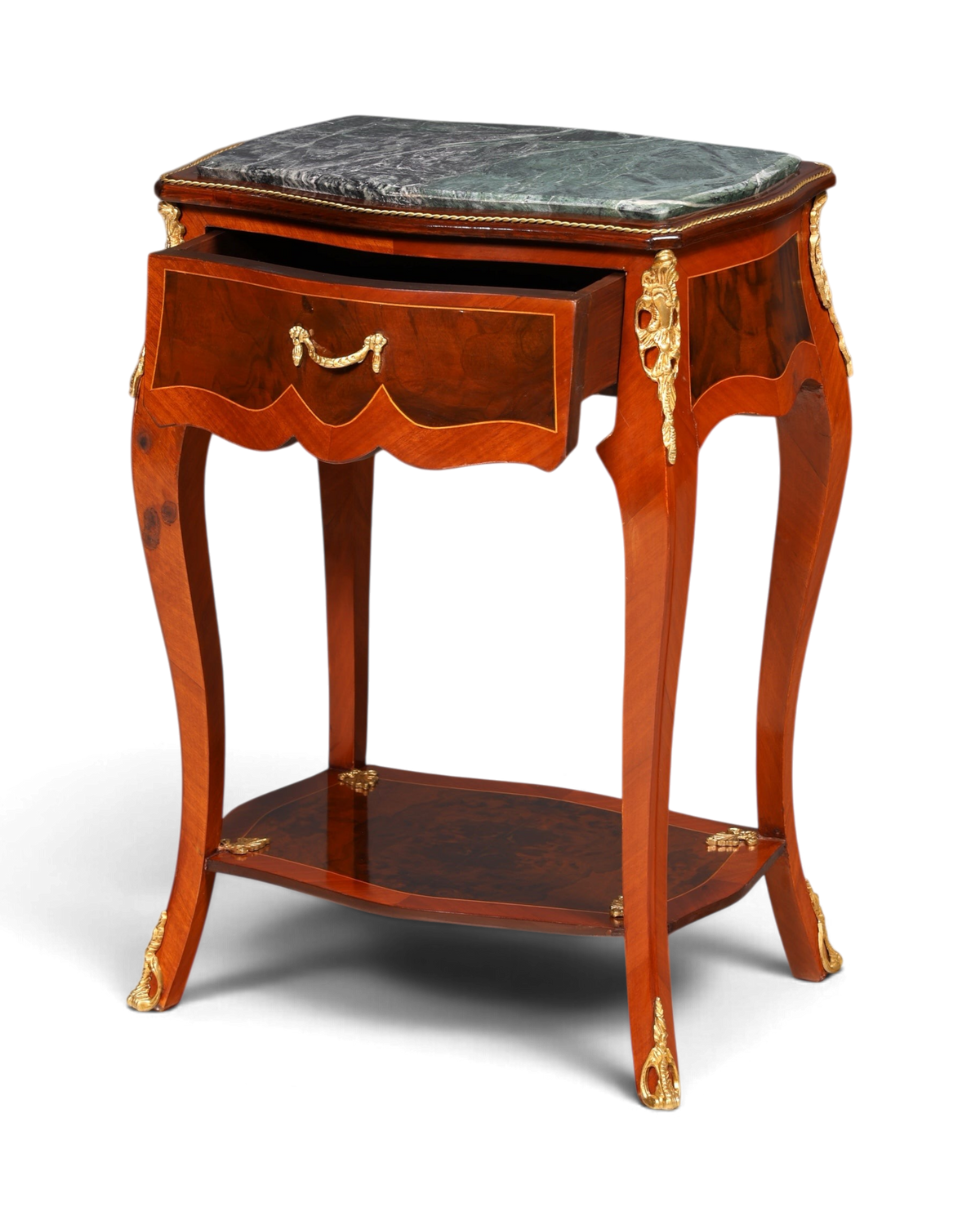 Hauptstadt Möblerei Louis XV Beistelltisch aus Holz mit Marmorplatte, Messingverzierungen und einer Schublade