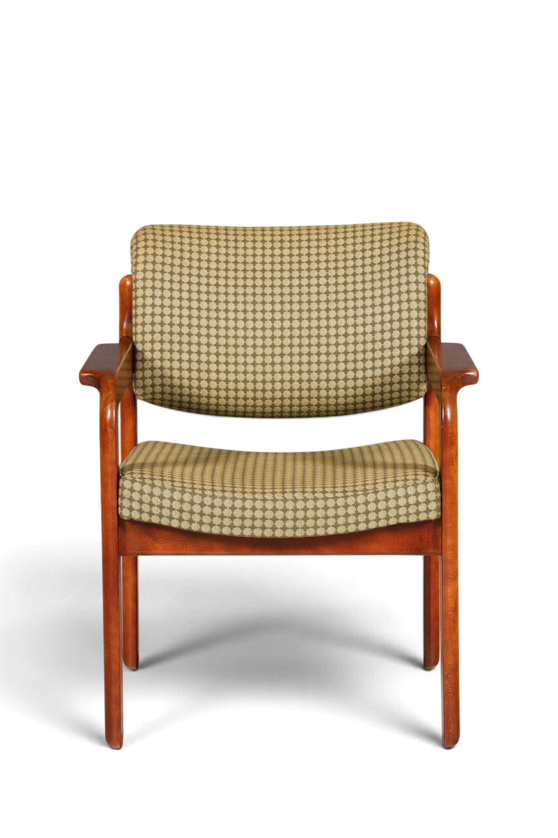 Hauptstadt Möblerei Mid Century Armlehnstuhl aus Holz mit grünem, gemustertem Stoffbezug und geschwungenen Armlehnen