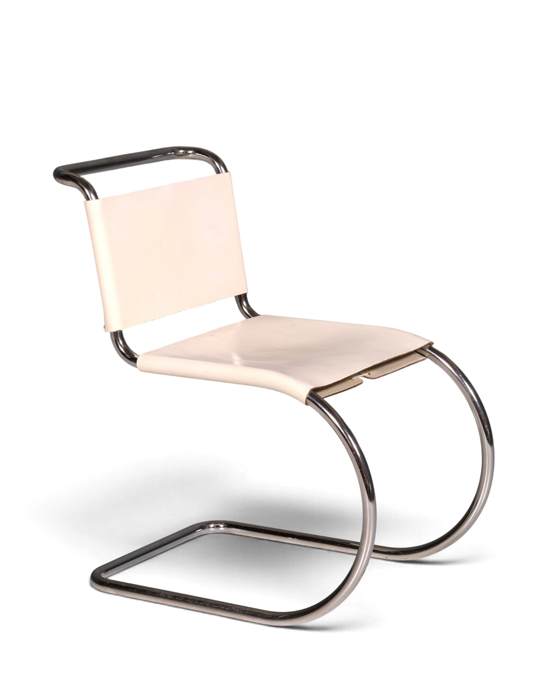 Hauptstadt Möblerei Knoll International MR Chair Freischwinger aus verchromtem Stahlrohr mit weißem Echtleder