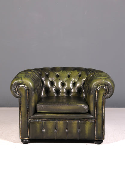 Edler Original Chesterfield Sessel Grün Echt Leder Englischer Armlehnsessel Herrensessel Clubsessel UK Vintage