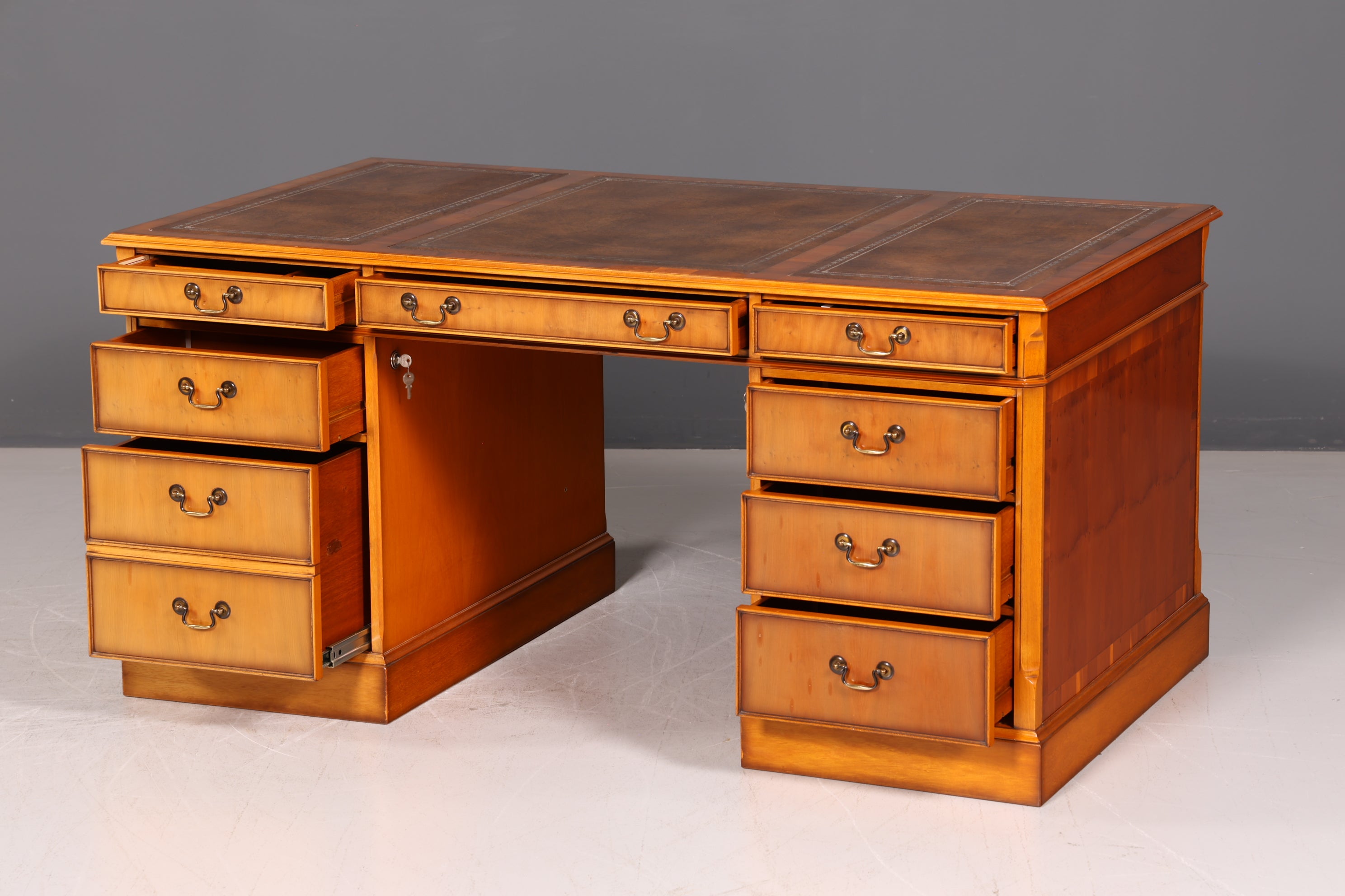 Beautiful English Yew Desk with Genuine Leather Top, Antique Style, Executive Desk, Office Desk, Desk, Partner Desk