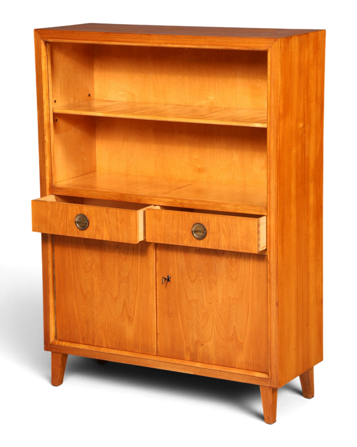 Hauptstadt Möblerei H936 Vintage-Regalschrank aus hellem Holz mit zwei Schubladen und Schranktüren