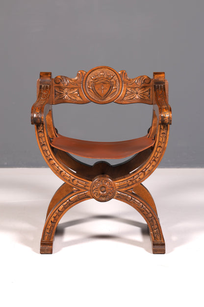 Wunderschöner Gründerzeit Stuhl Armlehnstuhl Antik Ritterstuhl Echt Leder Schreibtisch Scherenstuhl Sekretär Stuhl