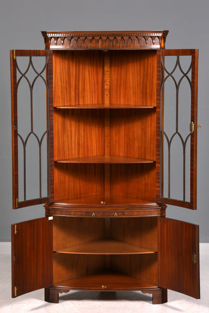 Wunderschöne Georgischer Eckvitrine Mahagoni Antik 50s echt Holz Schrank Englisch Eckschrank Glasvitrine