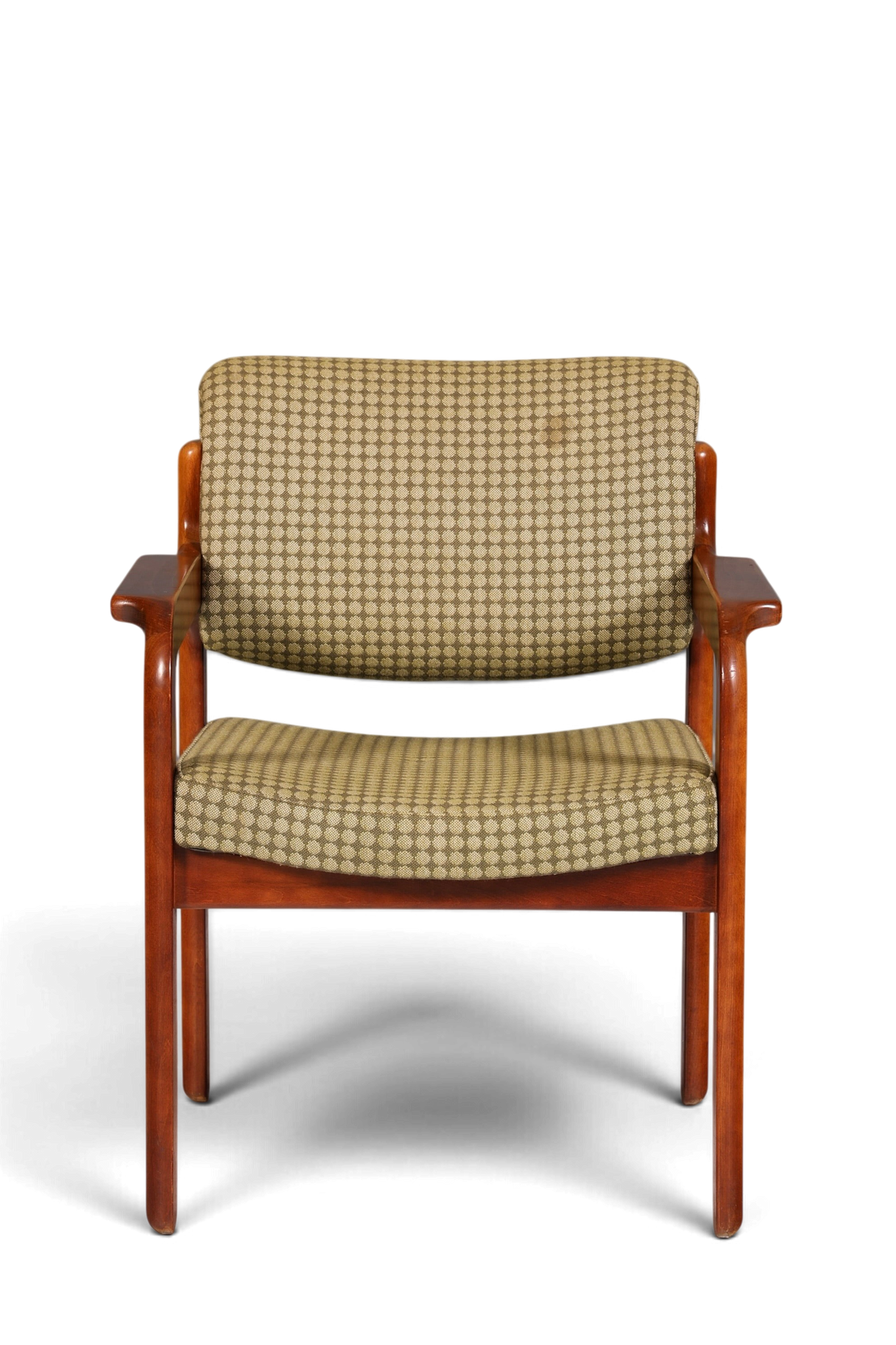 Hauptstadt Möblerei Mid-Century Armlehnstuhl aus Holz mit gemustertem Stoffbezug in Vintage-Optik