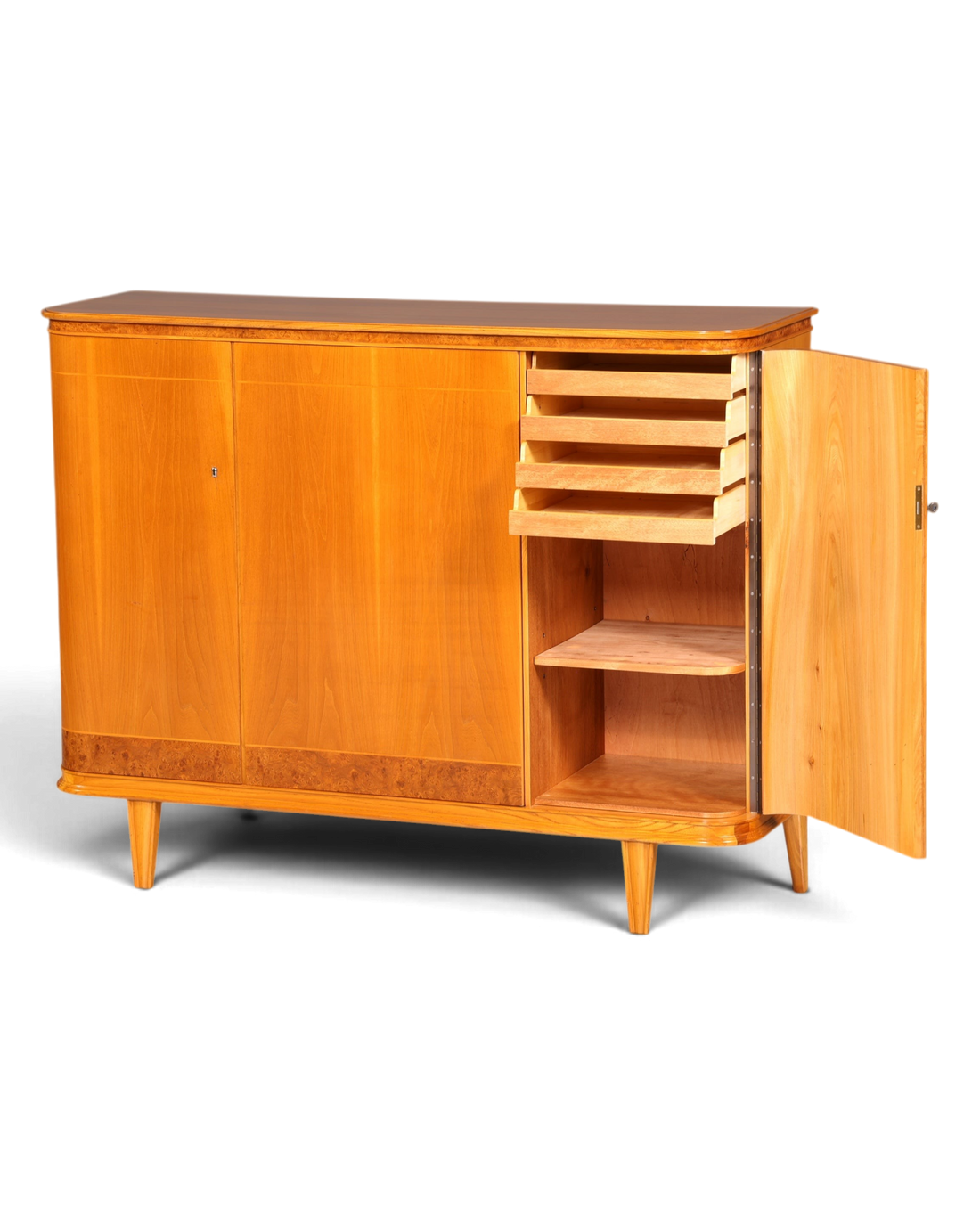 Hauptstadt Möblerei Mid Century Highboard aus massivem Holz mit Schubladen und Türen im 60er Jahre Retro Design