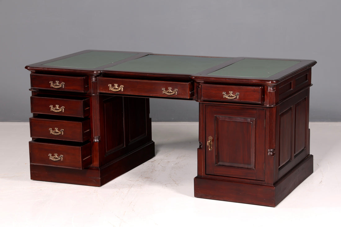 Beautiful English writing desk, solid mahogany, genuine leather top, office desk, partner desk, antique vintage