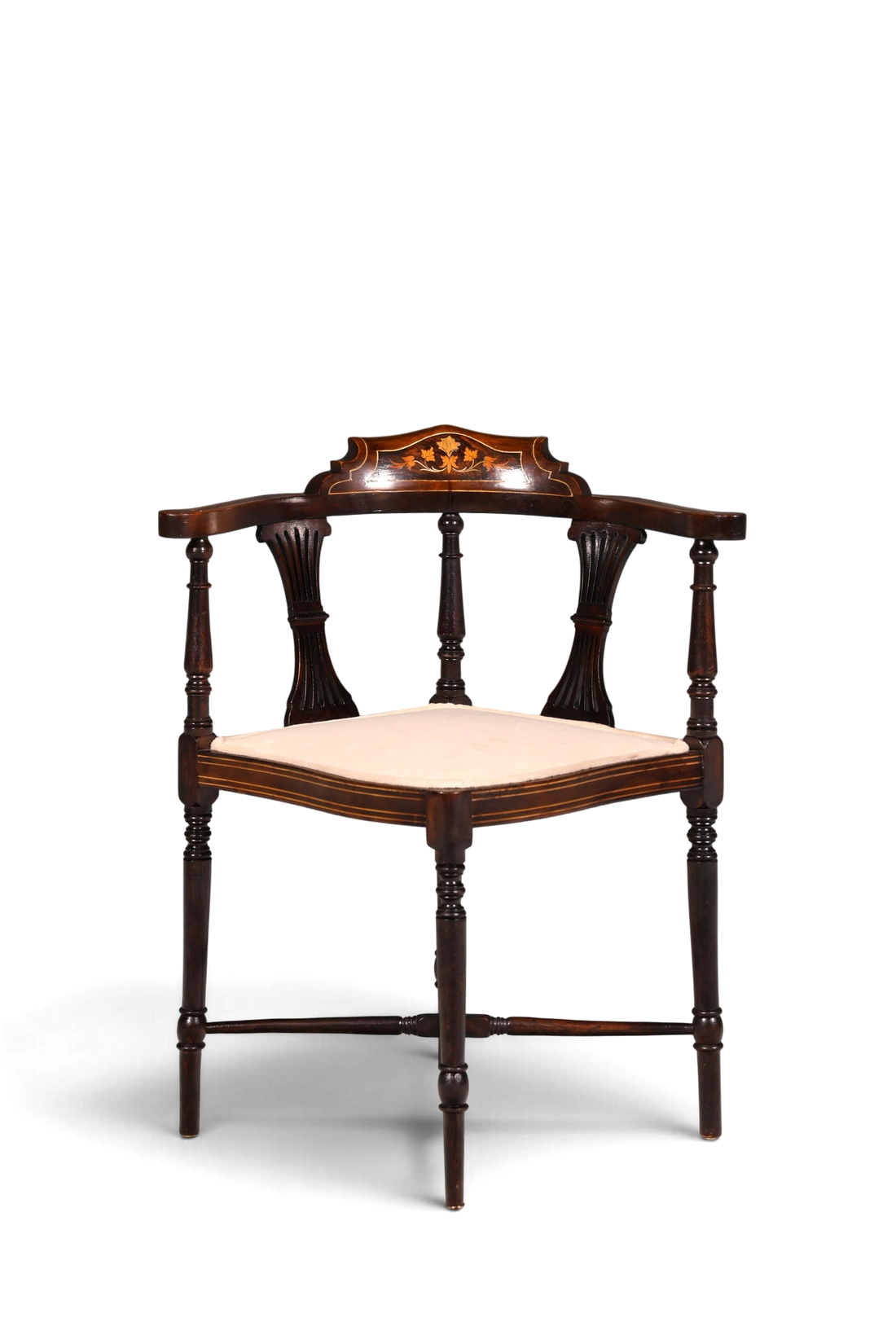 Hauptstadt Möblerei antiker Edwardian Eckstuhl aus dunklem Holz mit Intarsien und gepolsterter Sitzfläche
