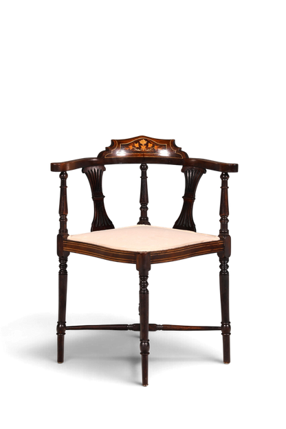 Hauptstadt Möblerei antiker Edwardian Eckstuhl aus dunklem Holz mit Intarsien und gepolsterter Sitzfläche