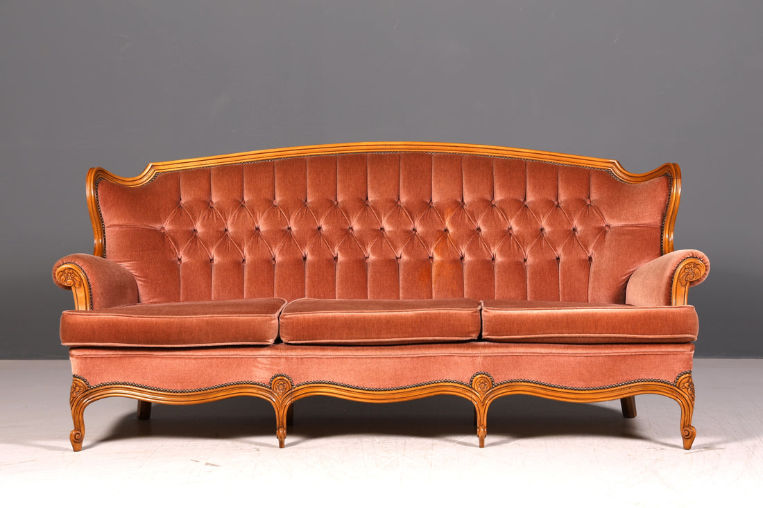 Edles Chippendale Sofa Barock Stil Samt Stoff Couch 3-Sitzer Rococo Antik Polstersofa