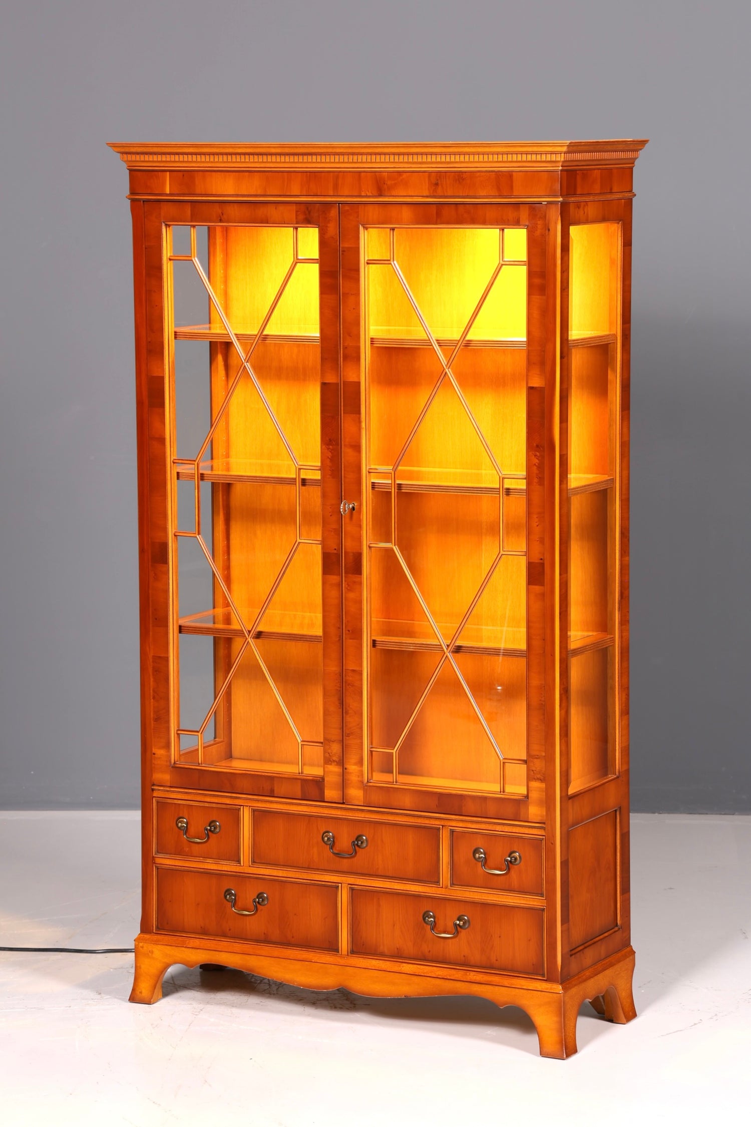 Beautiful Original Heldense Display Cabinet, English Yew Bookcase, Glass Cabinet with Lighting