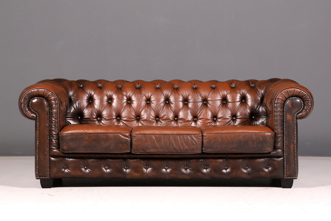 Beautiful Original Chesterfield 3-Seater Sofa Real Leather English Couch England Upholstered Sofa Antique Vintage Leather Sofa