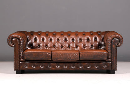 Wunderschönes Original Chesterfield 3-Sitzer Sofa Echt Leder Englische Couch England Polstersofa Antik Vintage Ledersofa
