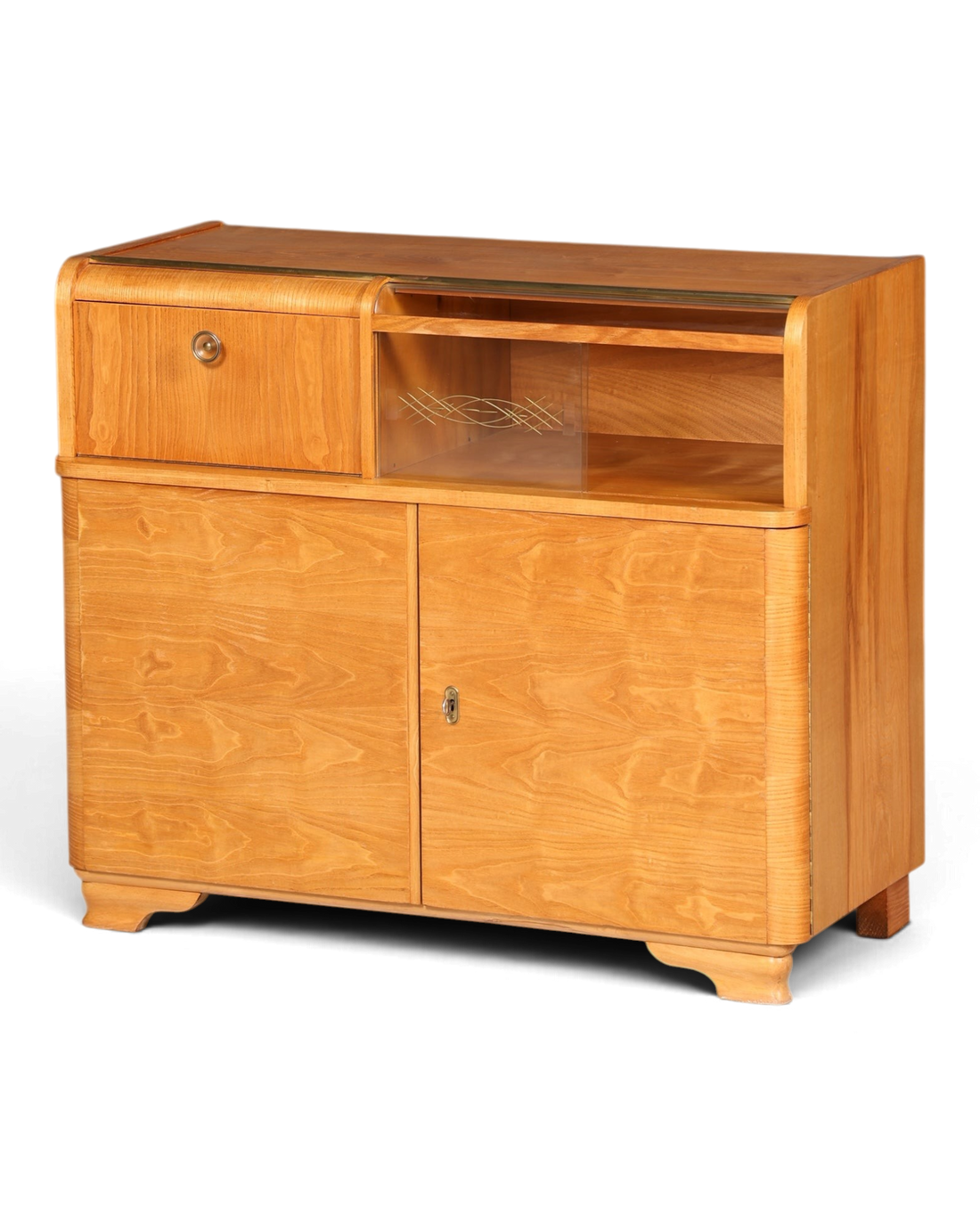 Hauptstadt Möblerei Mid Century Kommode aus Teakholz mit Art Deco Elementen und offenem Fach als Barschrank
