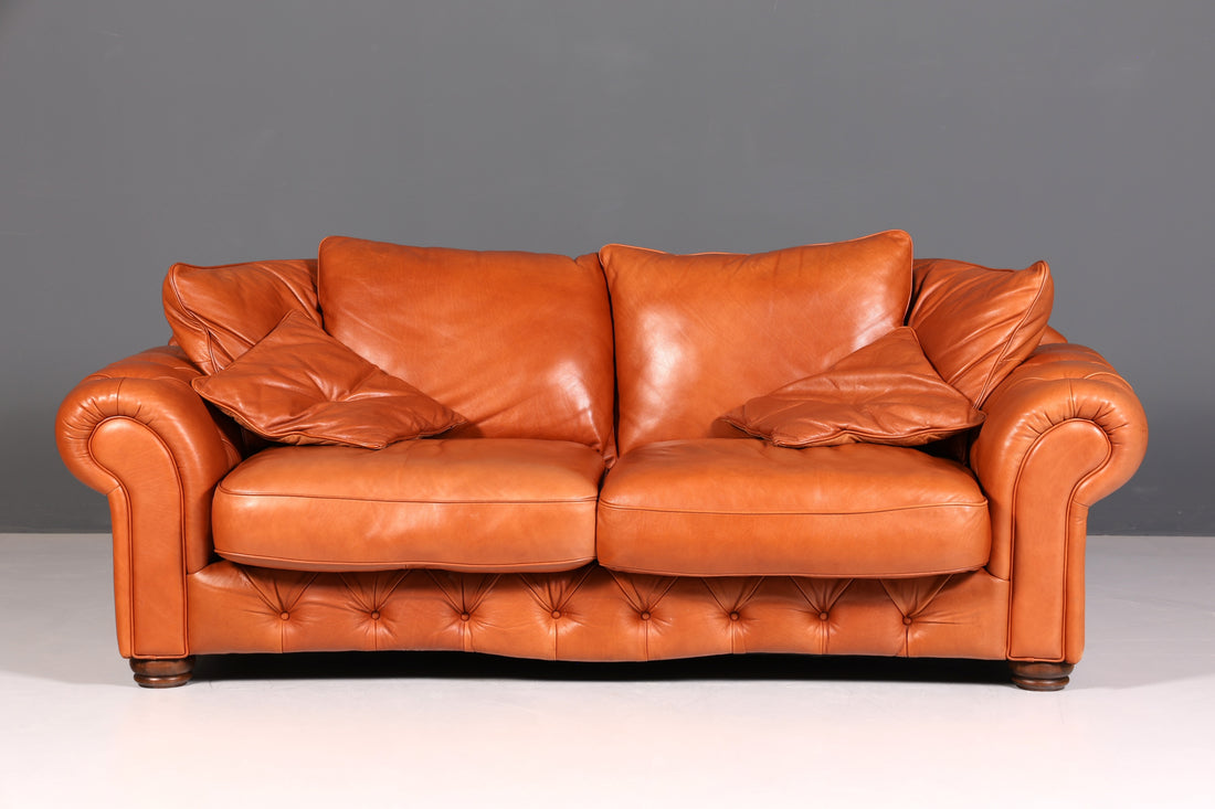 Beautiful Chesterfield design sofa, English genuine leather couch, cognac lounge sofa