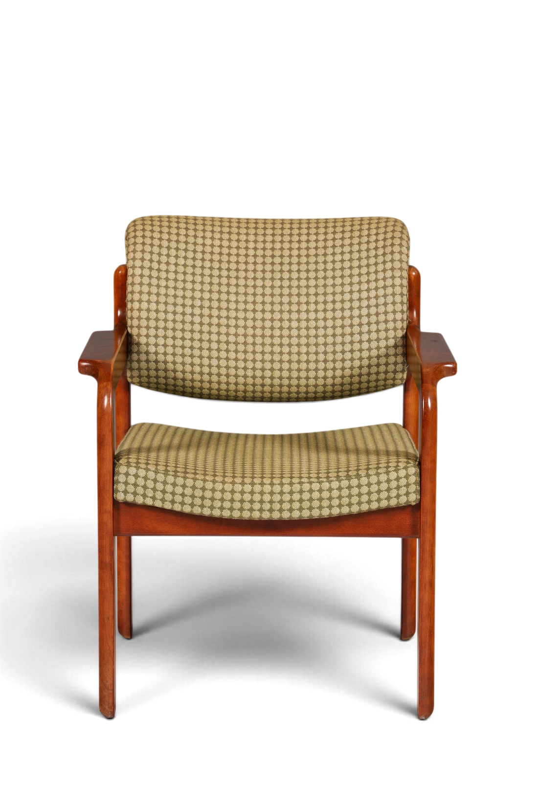 Hauptstadt Möblerei Mid Century Armlehnstuhl aus Holz mit gepolstertem, grün gemustertem Stoffbezug in Vintage-Optik