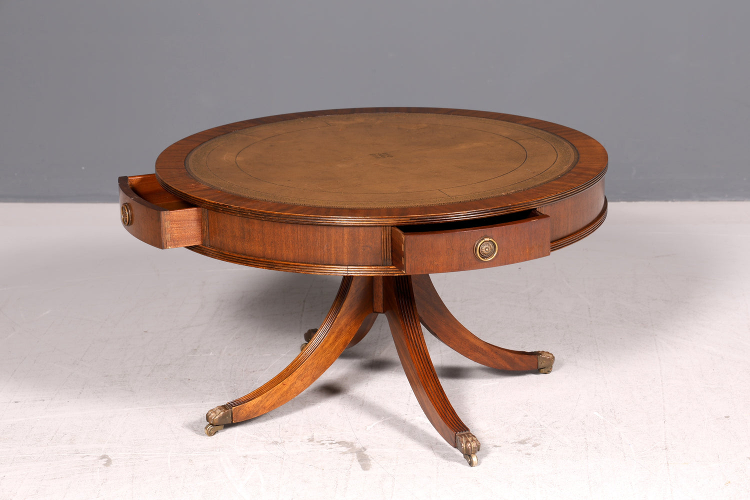 Wunderschöner Englischer Trommeltisch Couchtisch Mahagoni Regency Echt Lederauflage Drum Table Beistelltisch Antik Vintage