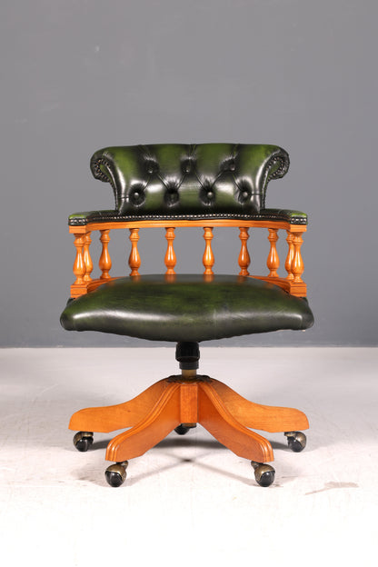 Wunderschöner Original Chesterfield Centurion Bürostuhl Grün Echt Leder Englisch Herrensessel Höhenverstellbar Drehsessel