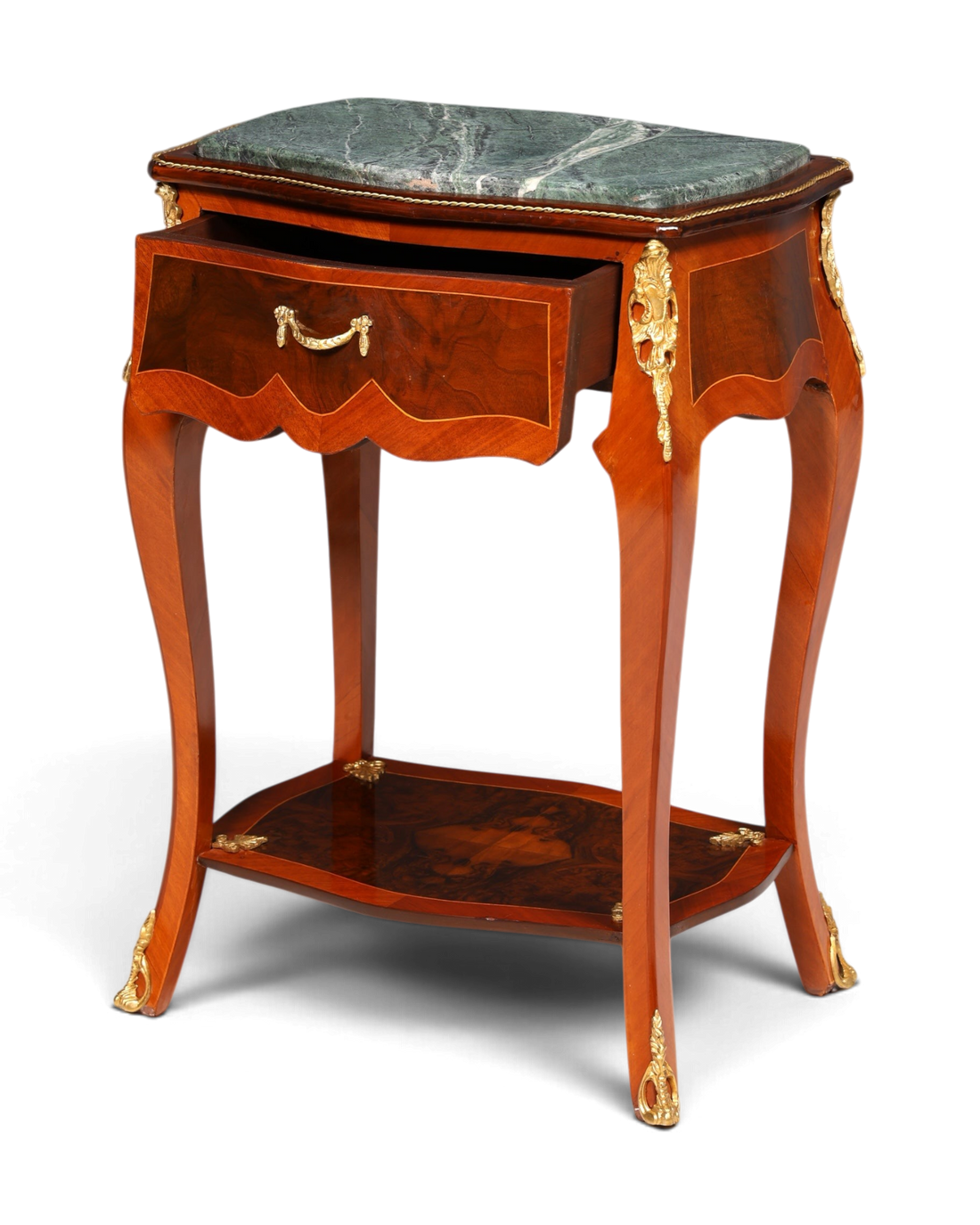 Hauptstadt Möblerei Louis XV Beistelltisch aus Holz mit Marmorplatte, Messingverzierungen und Schublade im Barockstil