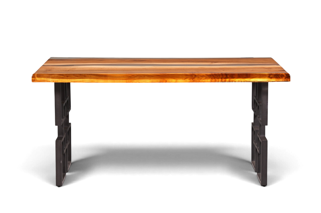 Hauptstadt Möblerei Esstisch aus massivem Nussbaumholz mit klarem Epoxidharz River Table Design und schwarzen Metallbeinen