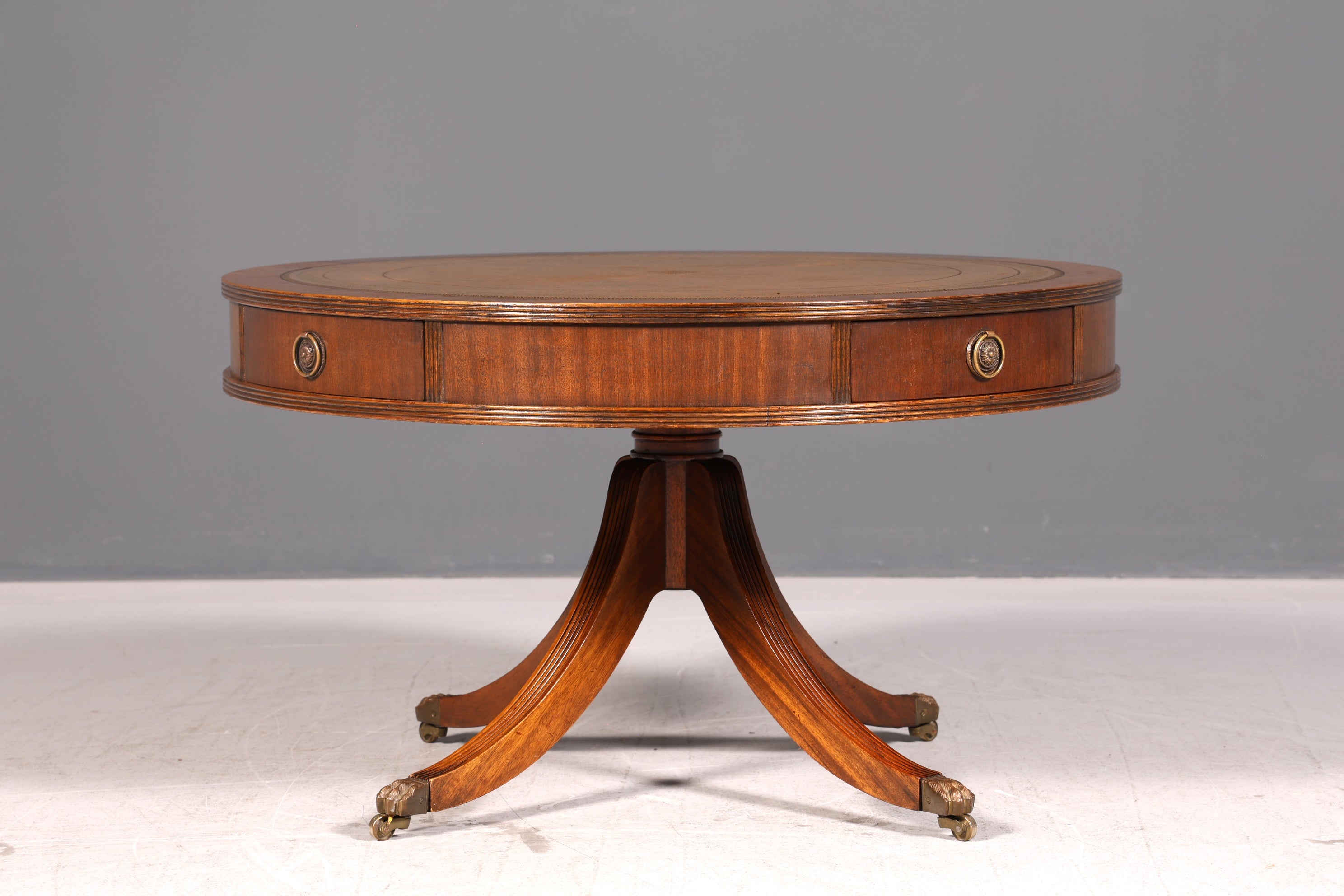 Wunderschöner Englischer Trommeltisch Couchtisch Mahagoni Regency Echt Lederauflage Drum Table Beistelltisch Antik Vintage