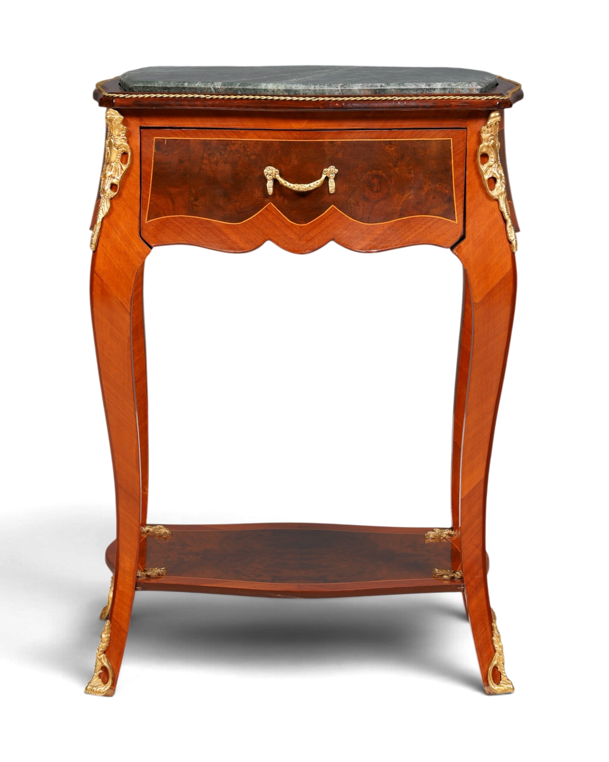 Hauptstadt Möblerei Louis XV Beistelltisch aus Holz mit Marmorplatte, Messingverzierungen und Intarsien im Barockstil