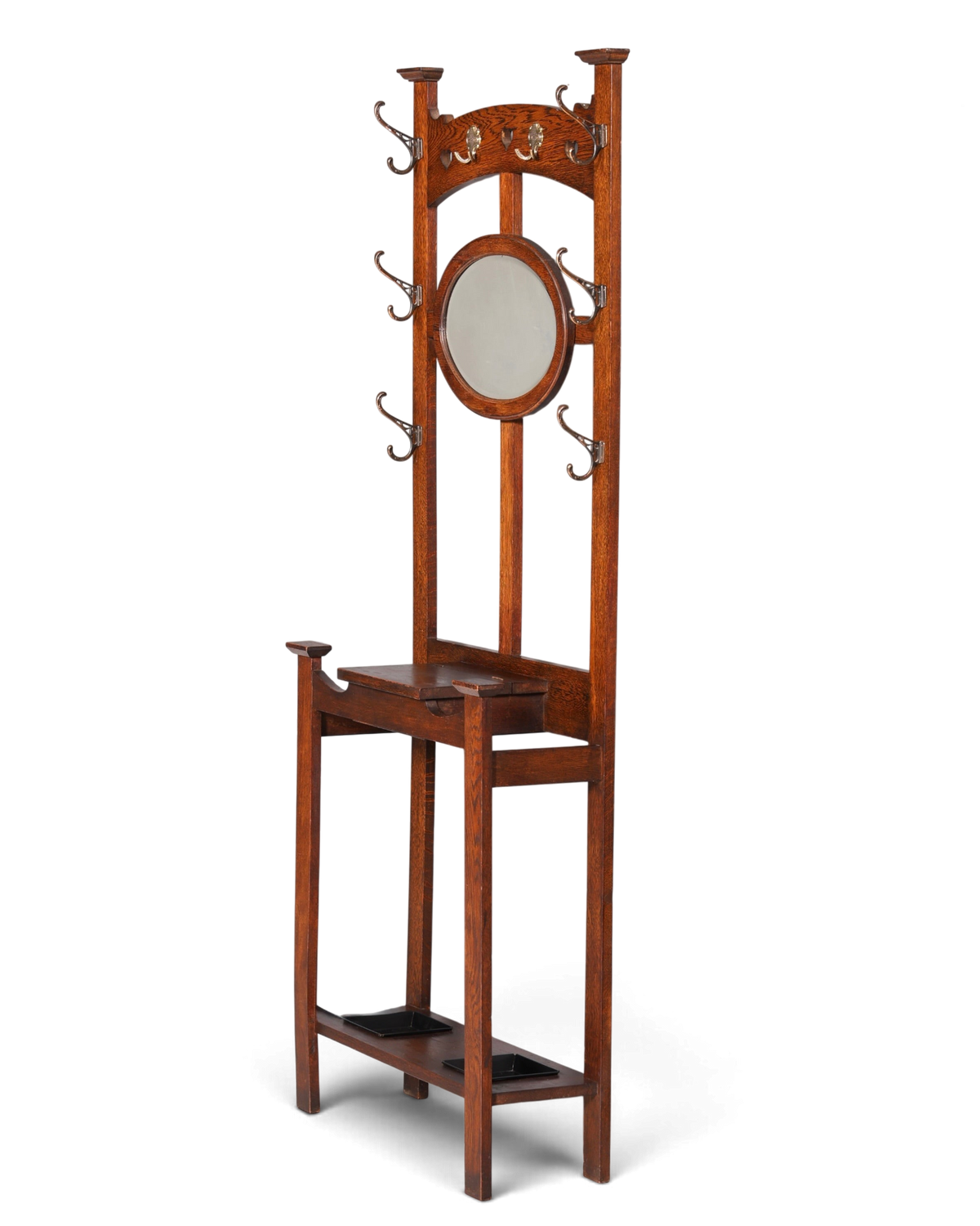 Hauptstadt Möblerei Jugendstil Garderobe aus Eiche mit ovalem Spiegel, Messinghaken und integriertem Schirmständer