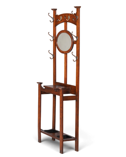Hauptstadt Möblerei Jugendstil Garderobe aus Eiche mit ovalem Spiegel, Messinghaken und integriertem Schirmständer