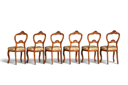 Hauptstadt Möblerei 6er-Set antike Louis Philippe Stühle aus Holz mit gemustertem Polster im Biedermeier Stil
