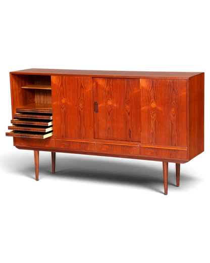 Hauptstadt Möblerei Mid Century Highboard aus massivem Holz im Danish Design mit Schiebetüren und Tablarauszügen
