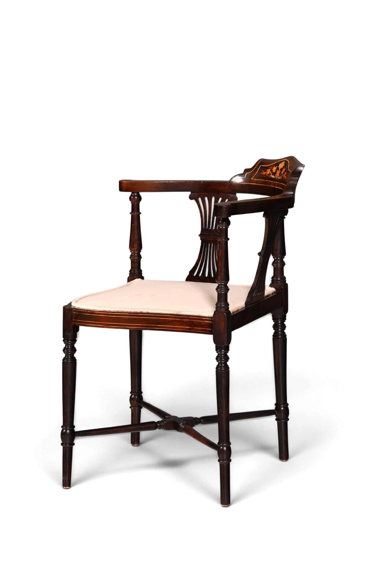 Hauptstadt Möblerei antiker Edwardian Eckstuhl aus dunklem Holz mit Intarsien, gedrechselten Beinen und Polstersitz