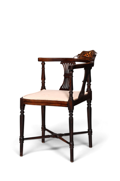 Hauptstadt Möblerei antiker Edwardian Eckstuhl aus dunklem Holz mit Intarsien, gedrechselten Beinen und Polstersitz