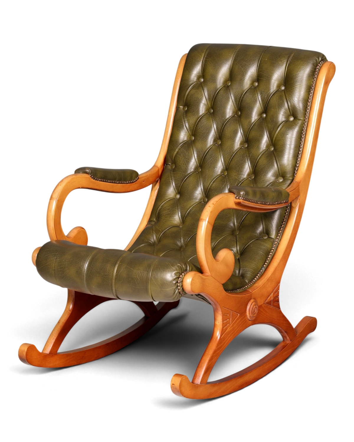 Hauptstadt Möblerei Schaukelstuhl mit olivgrünem Lederbezug, Knopfheftung und geschwungenem Holzrahmen