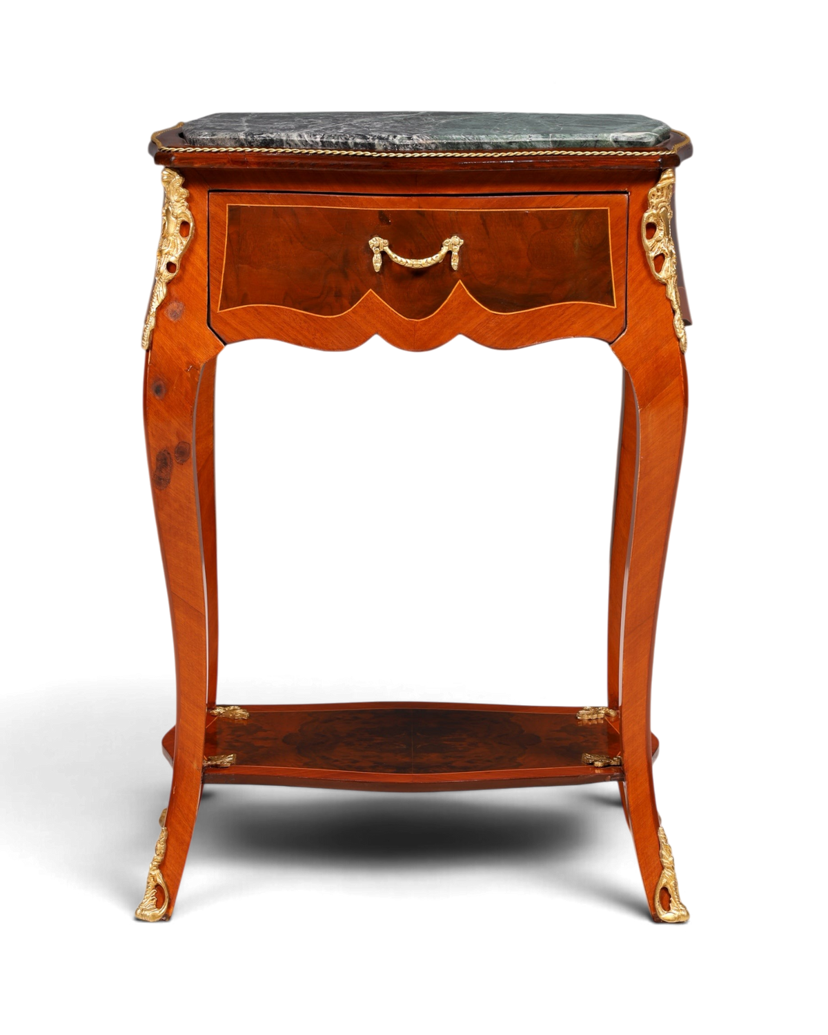 Hauptstadt Möblerei Louis XV Beistelltisch aus Holz mit Marmorplatte, Messingverzierungen und Intarsien im Barockstil