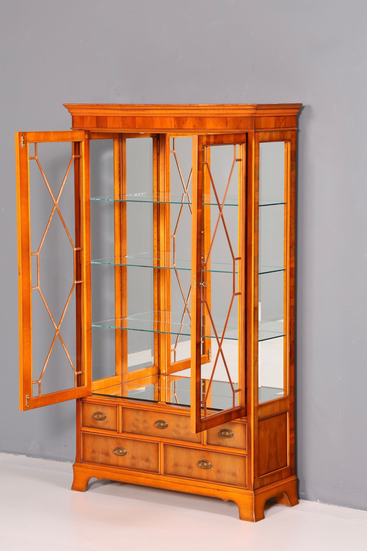 Beautiful Original Heldense Display Cabinet, English Yew Bookcase, Glass Cabinet with Lighting, Antique