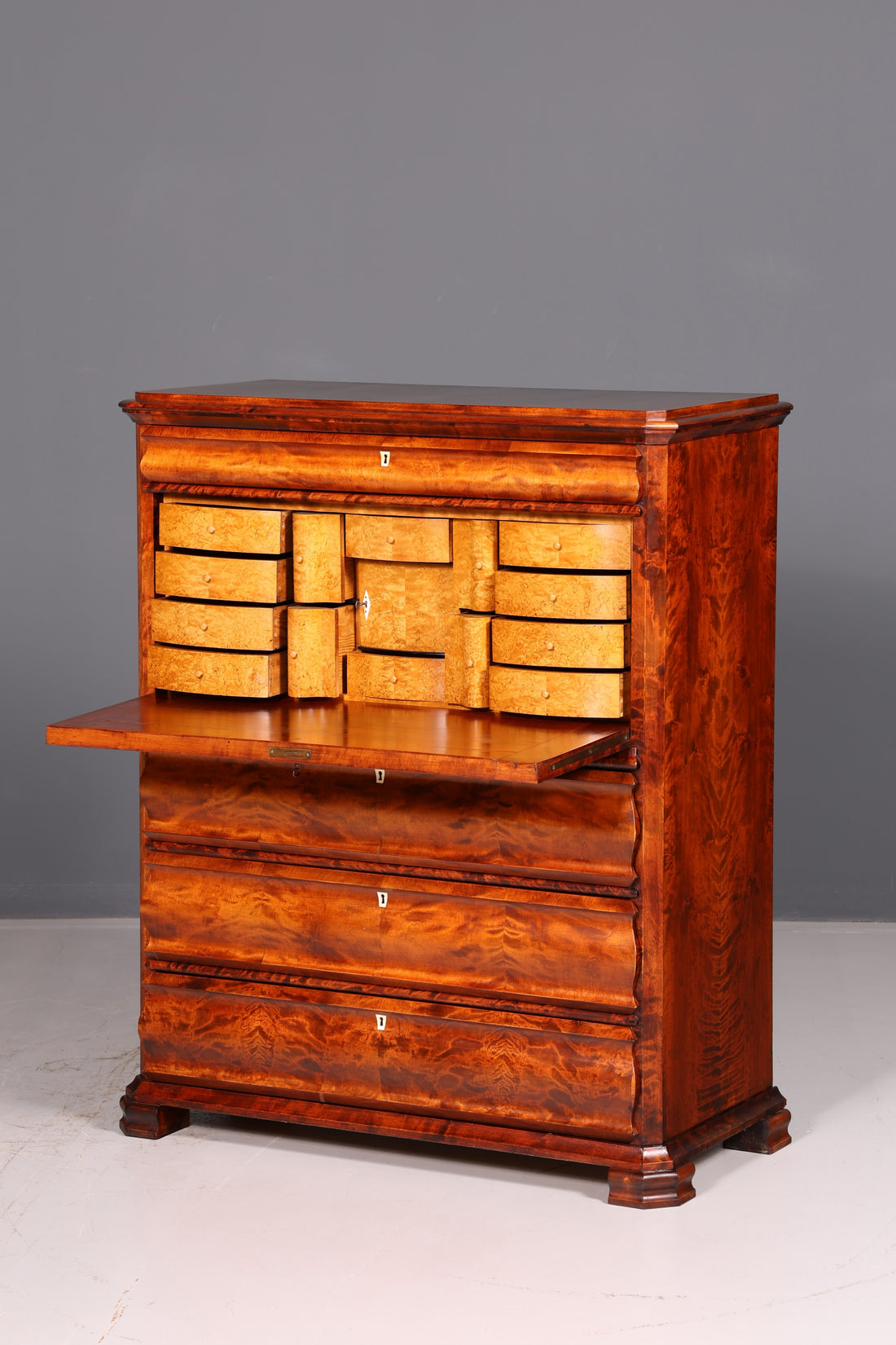 Stylish Biedermeier secretary cabinet, Louis Philippe chest of drawers, antique vintage