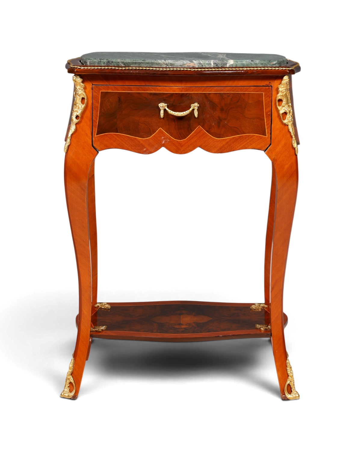 Hauptstadt Möblerei Louis XV Beistelltisch aus Holz mit Marmorplatte, Messingverzierungen und Intarsien im Barockstil