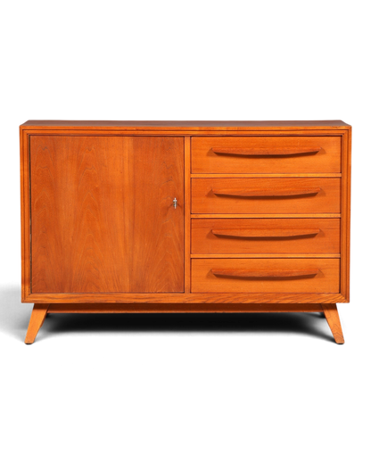 Hauptstadt Möblerei Mid Century Sideboard aus Echtholz mit einer Tür und vier Schubladen im Vintage-Stil
