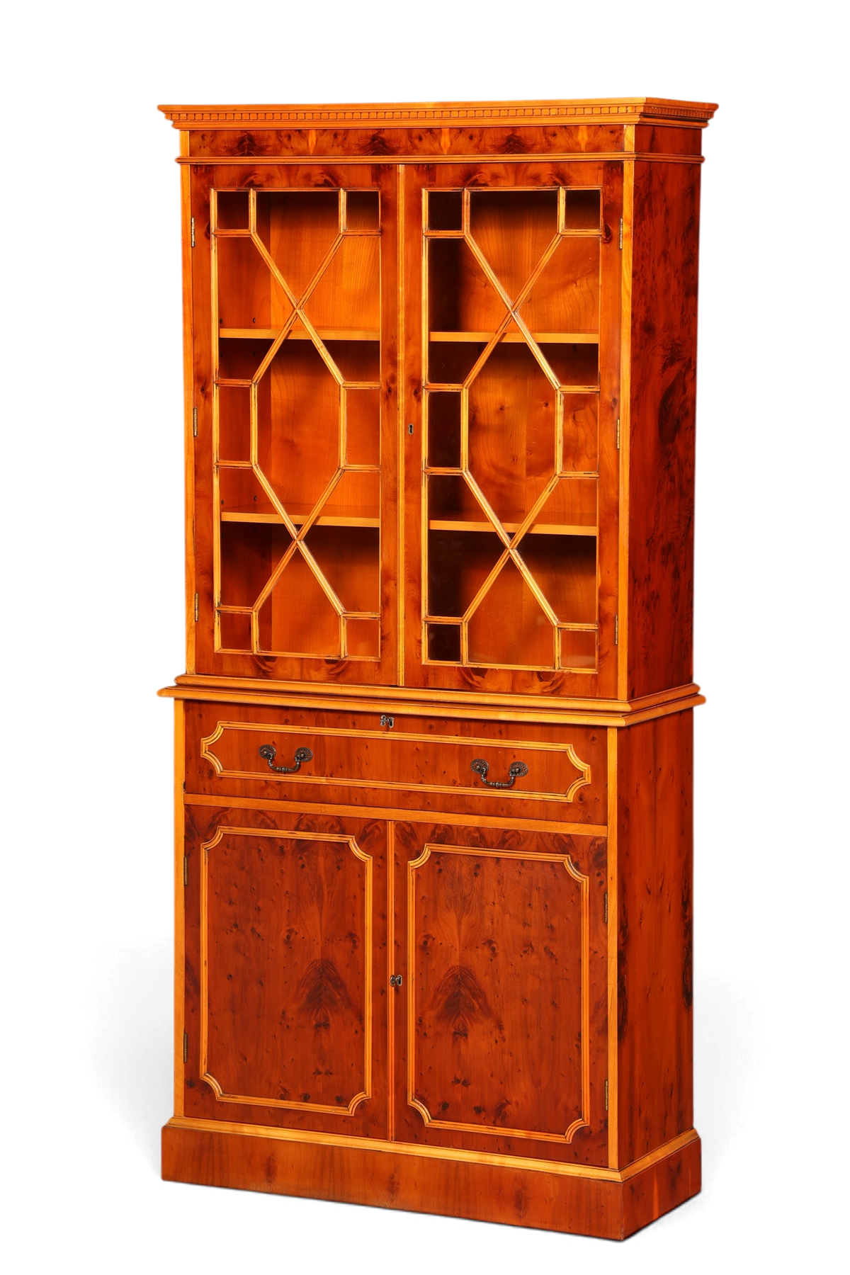 Hauptstadt Möblerei englischer Aufsatzsekretär aus Eibe mit verglaster Vitrine und eleganter Holzmaserung