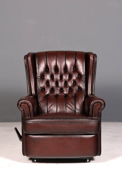 Elegant Chesterfield wingback armchair, recliner, genuine brown leather, TV chair, lounge chair, leather armchair