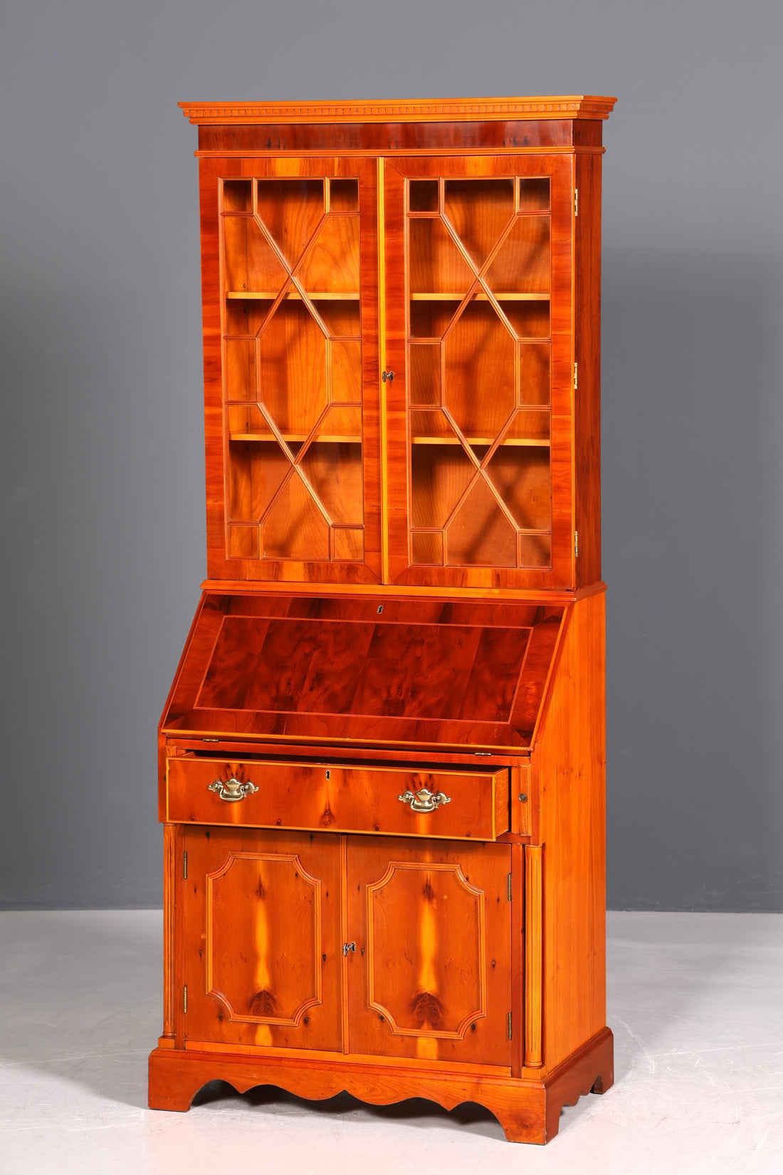 Stylish English secretary desk, office desk, yew wood, antique style, genuine leather top, display cabinet, UK