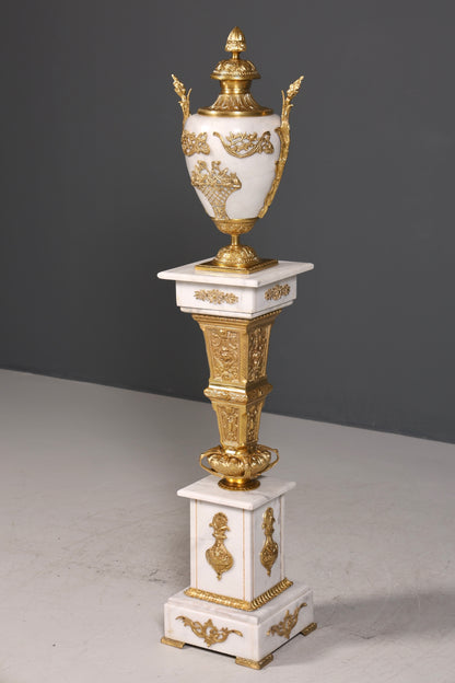 Beautiful Baroque style column with vase, Louis XV marble flower column, white natural stone base and shelf