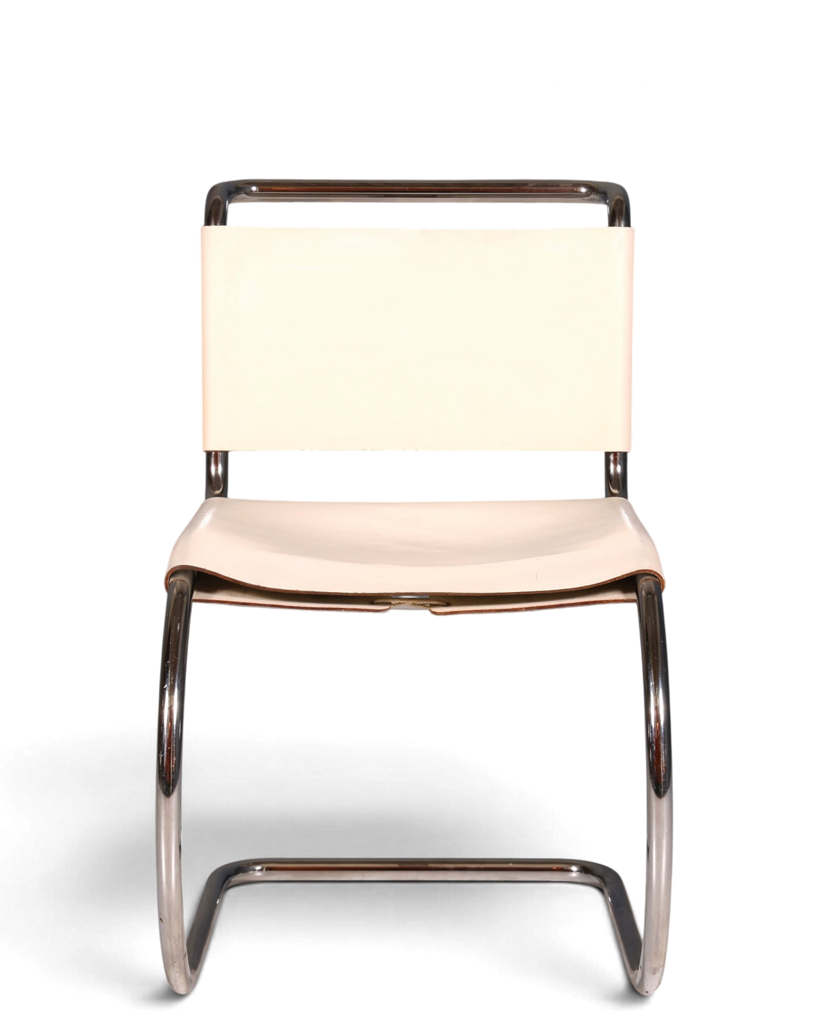 Hauptstadt Möblerei Knoll International MR Chair Freischwinger aus weißem Leder und verchromtem Stahlrohr