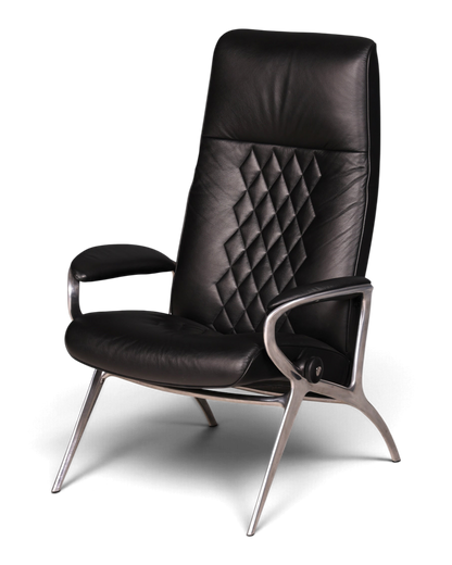 Hauptstadt Möblerei H931 Sessel in schwarzem Leder mit Rautensteppung und elegantem silbernem Metallgestell