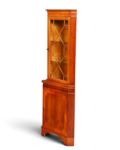 Hauptstadt Möblerei englische Eckvitrine aus Eibenholz mit verglaster Tür und klassischem Design im 60er Jahre Stil